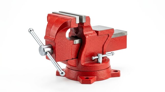 A heavy duty red bench vise tool shown on isolated white background.