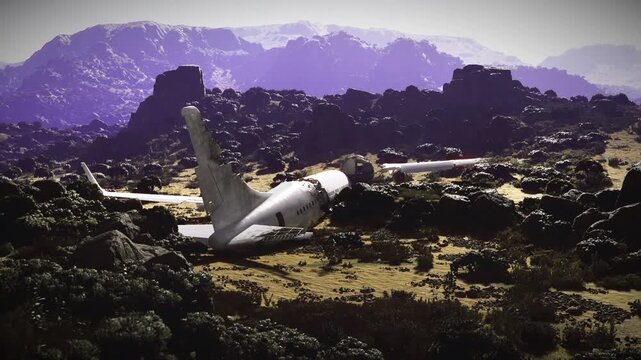 Violet skyline frames grounded aircraft remains in arid landscape, warm backlight and long shadows create cinematic travel and adventure mood, solitude