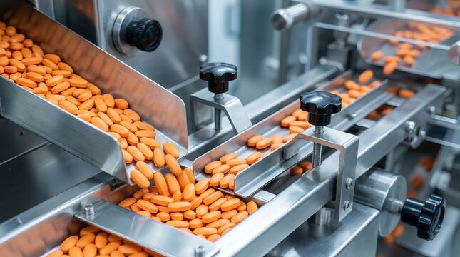Mass production of orange pill tablets within a professional pharmaceutical manufacturing plant.