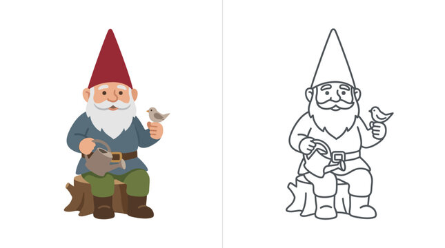 Garden gnome with bird and rabbit colorful vector illustration