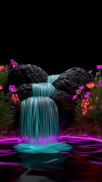 Powerful waterfall flowing against a black background, dramatic cascading water isolated in darkness for nature, water, relaxation and cinematic visual effects