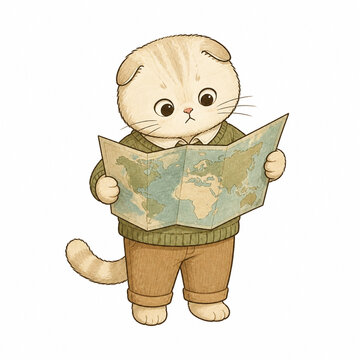 Cream cat reading a folded map hand drawn digital illustration isolated on white