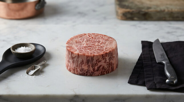Extra thick round wagyu beef steak portion standing on polished marble surface next to copper pan chef knife and coarse salt spoon in elegant kitchen.