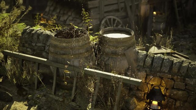 Weathered parapet with glowing lantern, cracked stone and draping vines, twilight hush casting long shadows, tactile surfaces and rustic decay in focus