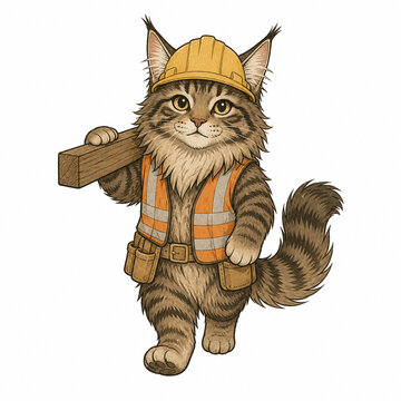 Maine coon construction worker carrying timber hand drawn digital illustration isolated on white