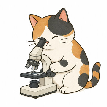 Calico cat scientist using a microscope hand drawn digital illustration isolated on white