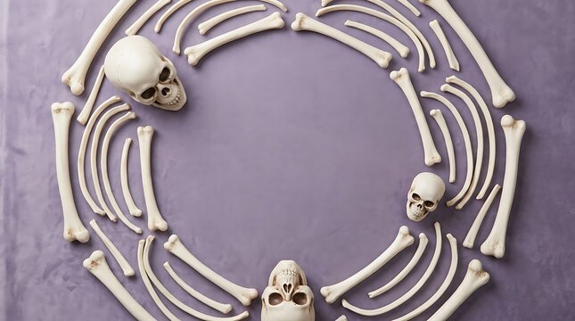 A circular frame made of human skulls and various bones arranged on a textured purple background