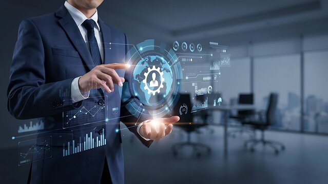 Professional Businessman Using Advanced Digital Interface for Corporate Human Resource Management and Global Business Analytics Strategy