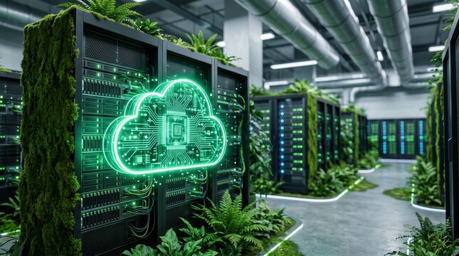 Glowing neon green cloud with circuit board patterns floating in front of black server racks surrounded by lush green ferns and moss in a data center facility