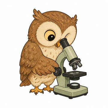 Cute owl scientist using a microscope hand drawn digital illustration isolated on white