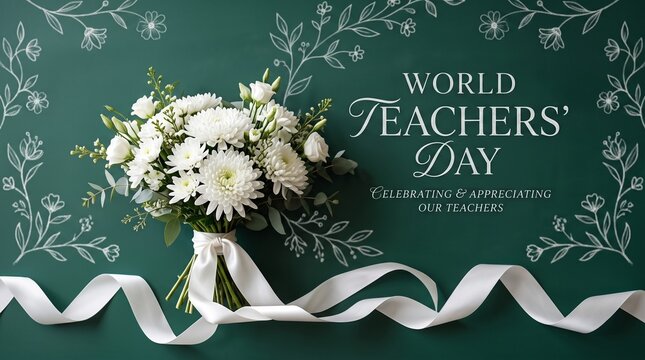 A Beautiful Bouquet of White Chrysanthemums on a Deep Green Background with Delicate Hand-Drawn Floral Illustrations Celebrating World Teachers' Day with Ribbon Accents