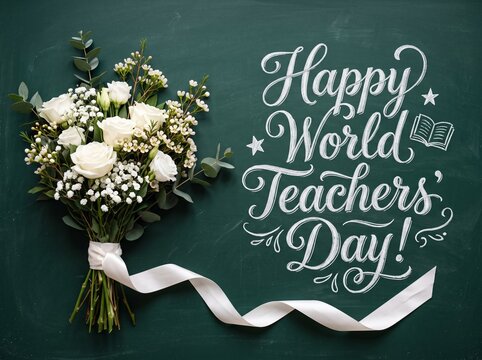 A beautiful bouquet of white roses and baby's breath wrapped in a white ribbon, placed on a dark green chalkboard surface with elegant white cursive script text celebrating World Teachers' Day