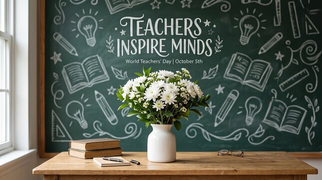 A Classroom Scene Featuring a White Vase with Fresh White Flowers Placed on a Wooden Desk Against a Chalkboard Wall with Hand-Drawn Educational Icons and the Motivational Text Teachers Inspire Minds