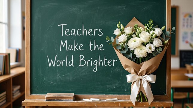 A beautiful bouquet of white roses wrapped in rustic brown paper rests on a classroom chalkboard, which displays the inspiring handwritten message Teachers Make the World Brighter.