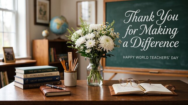 A warm, scholarly teacher's desk setting with a bouquet of white chrysanthemums, a stack of books, a globe, and a blackboard featuring the text Thank You for Making a Difference for World Teachers Day
