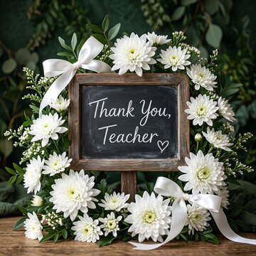 A beautiful rectangular floral frame featuring white chrysanthemum flowers and eucalyptus leaves surrounding a rustic chalkboard sign with the handwritten message Thank You Teacher and a heart symbol