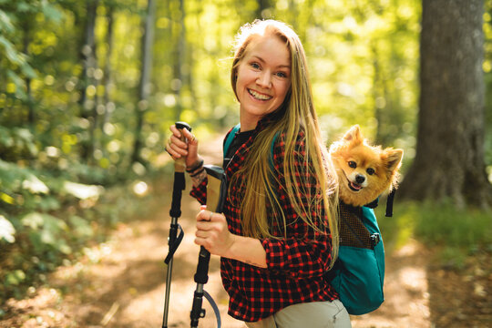 woman trekking in the forest. Traveling activity with her dog on backpack