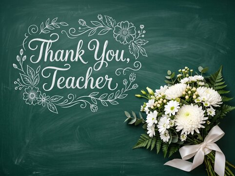 A beautiful bouquet of fresh white chrysanthemums and greenery adorned with a white ribbon, set against a dark green chalkboard background featuring an elegant hand-drawn Thank You Teacher message.