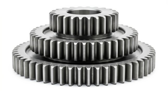 Metallic gear assembly with three stacked gears in gray isolated on white.
