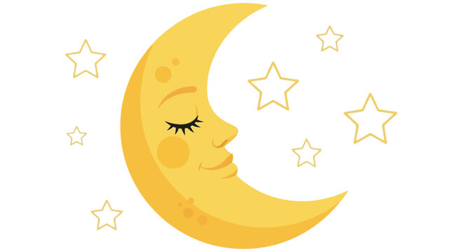 Sleeping crescent moon with stars yellow vector illustration on white background
