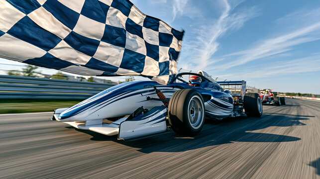 Cinematic macro view of a checkered flag rippling in crisp detail, high-performance Formula style cars racing past behind it in dramatic motion blur, bright afternoon sun creating reflections on hel