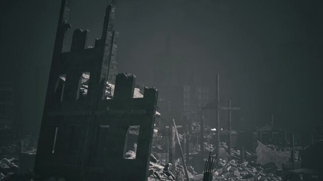 Leaning highrise framed by ashcovered rubble, empty windows like hollow eyes, scattered concrete slabs and twisted rebar, faint smoky haze shrouding distant