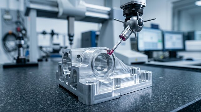 Precision quality control on a milling metal CNC machine using a CMM probe.