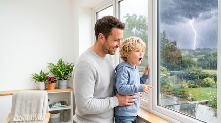 Fototapeta premium Father and son watching storm from safety of home through window