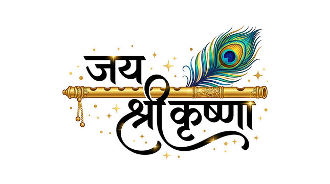 Colorful Indian flag with peacock feather design and text Jay Shri Krishna isolated on transparent background