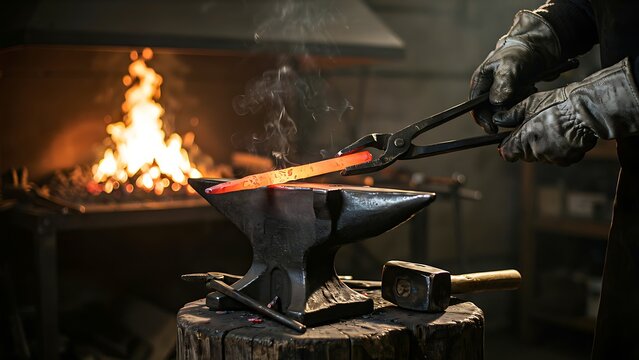 Skilled blacksmith working with glowing hot metal on an anvil in a traditional forge workshop