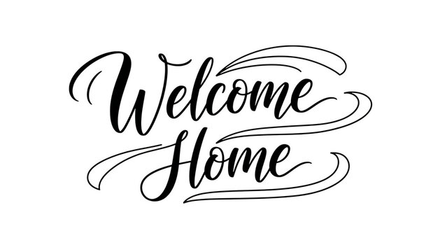 Welcome home warm greeting in white calligraphy script lettering for real estate and housewarming card projects isolated on a transparent background