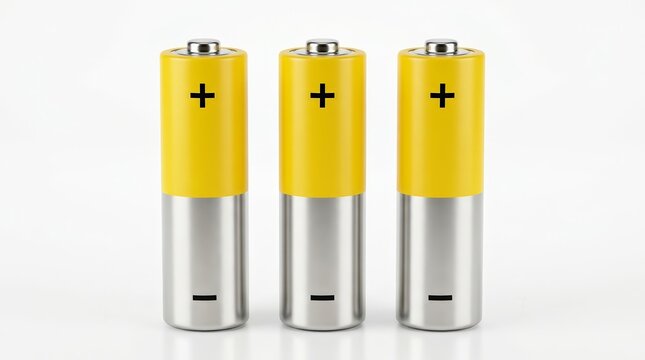 Set of three AA alkaline batteries with plus and minus signs on a white background.