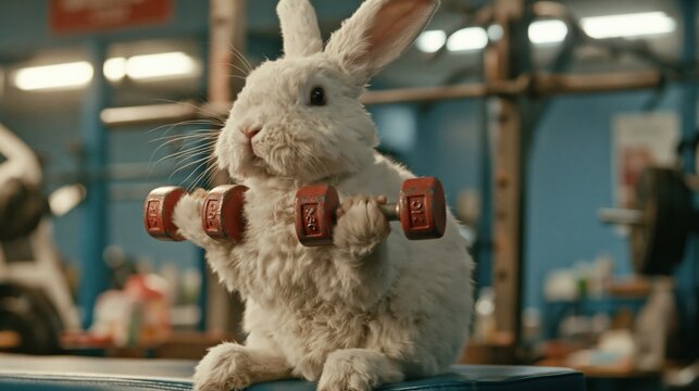 White Rabbit Lifting Dumbbells During Gym Workout