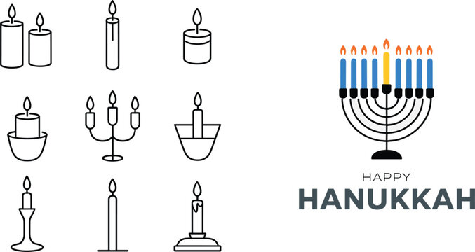 Happy Hanukkah greeting card vector template with menorah and burning candles line icons isolated on white background