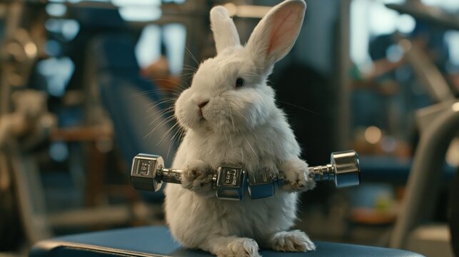Adorable White Rabbit Lifting Dumbbell in Modern Gym