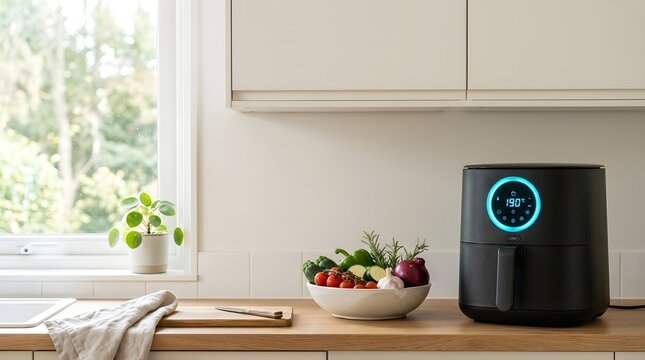 Modern black smart air fryer with digital display on kitchen wooden counter next to bowl of fresh vegetables