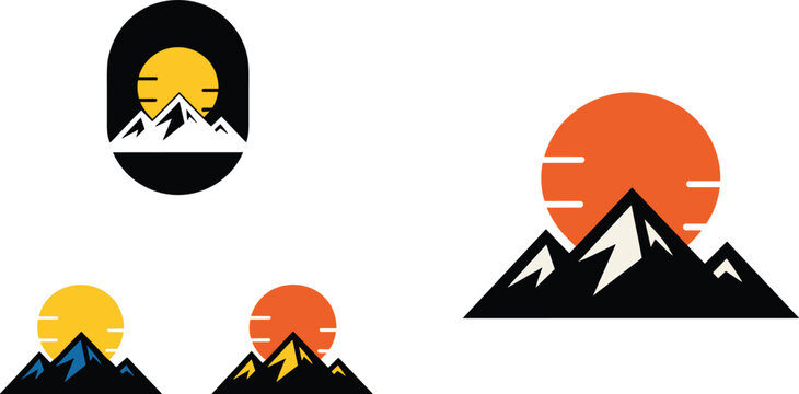 Mountain peak badge logo vector set with orange sunset and yellow sun icons isolated on a white background