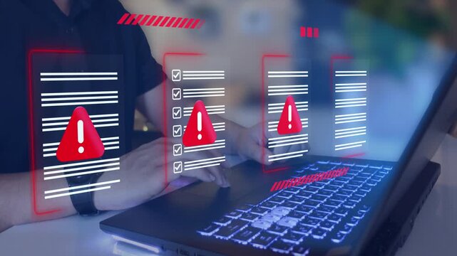 Cybersecurity, data protection. Document hack alert warning, , and online threats in modern communication systems
