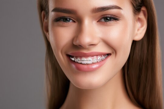 Young woman smiling, showing ceramic dental braces