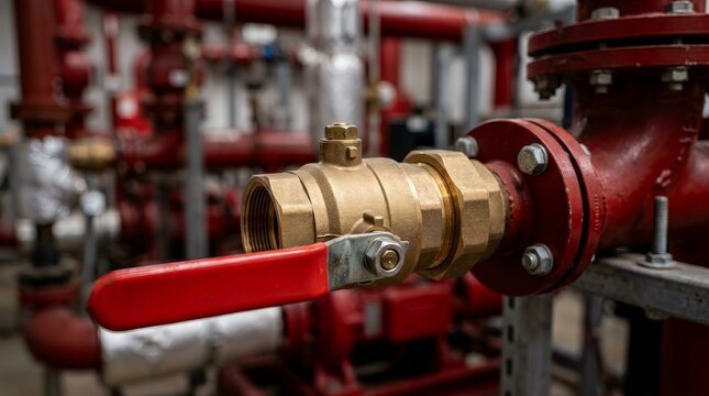 Close-up of brass valves and a red handle on a fire protection system.
