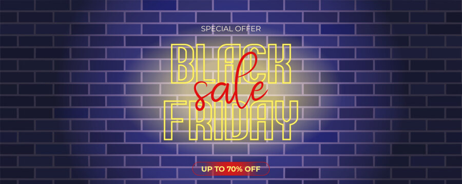 Horizontal Black Friday sale banner featuring glowing yellow neon lettering on dark brick wall. Big sale.