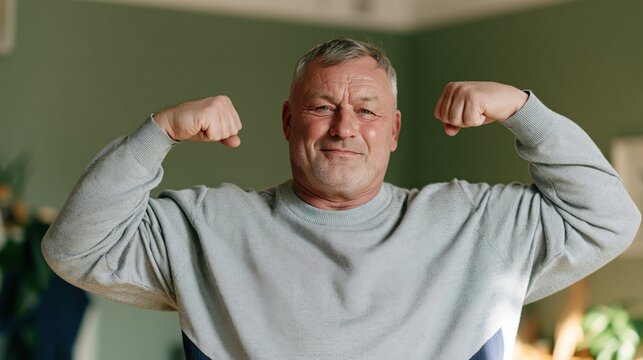 Middle aged man flexing both arms in confident portrait for wellness banner and strength training background for health design