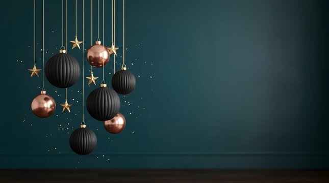 Black and gold christmas ornaments hanging on dark wall