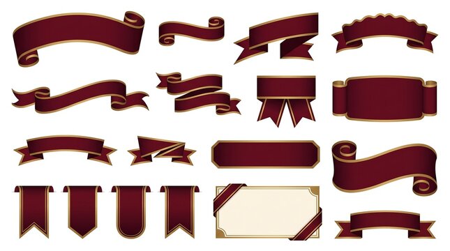 Collection of elegant red and gold ribbons, banners, and decorative frames in various shapes and styles.