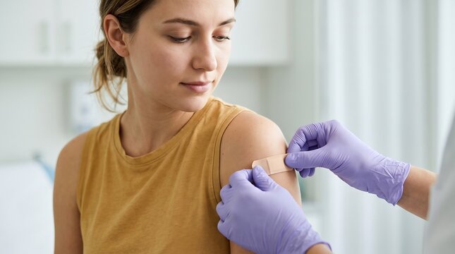Medical professional applying a band-aid to a young woman's arm after an injection or vaccination in a clinic setting.