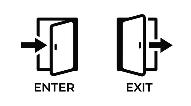 Enter and exit vector graphic icon set featuring simple black door symbols with directional arrows