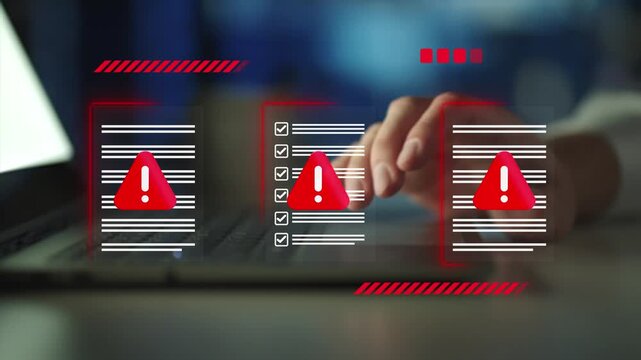 Cybersecurity, data protection. Document hack alert warning, , and online threats in modern communication systems
