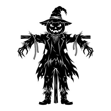 Scarecrow silhouette featuring a sinister pumpkin head and witch hat appears in black line art.