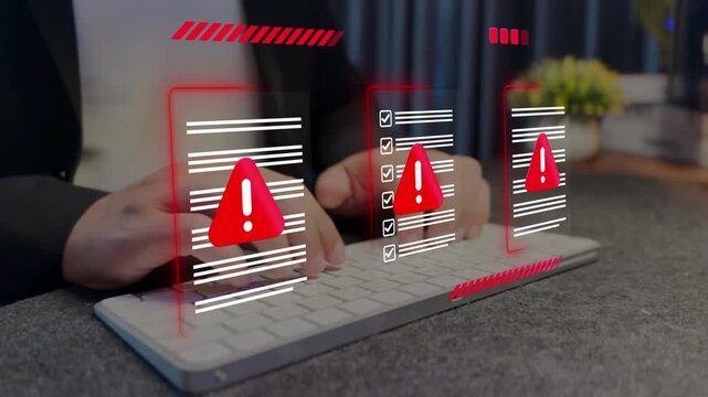 Cybersecurity, data protection. Document hack alert warning, , and online threats in modern communication systems
