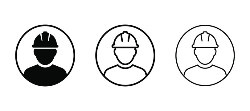 Set of three construction worker avatar icons in solid fill, outline, and thin line styles